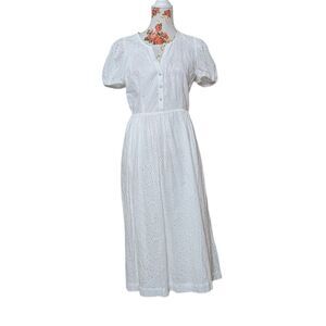 J.Crew Sz 4 White Eyelet Lined Dress 100% Cotton Short Sleeve Maxi Ruched Waist